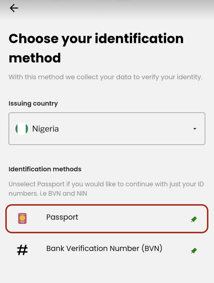 Unselecting passport identification method